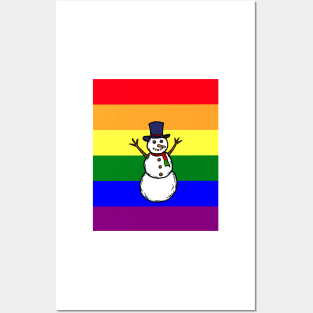 A hand drawn of a gay snowman on rainbow pride flag background, Posters and Art